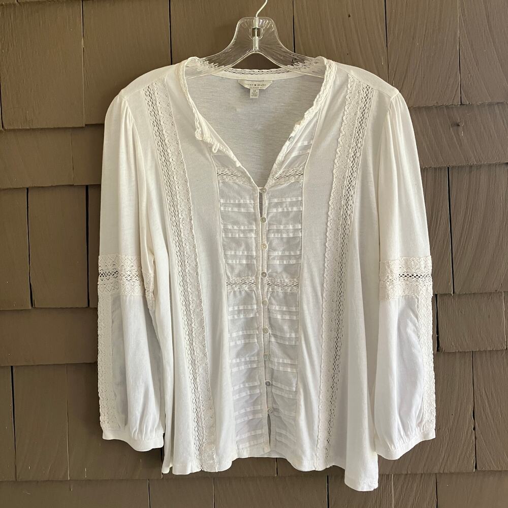 Lucky Brand Peasant Top Crochet Lace Button Up Romantic Boho Cotton Modal M